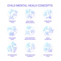 Child mental health blue gradient concept icons set