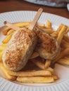 Child menu - french fries and chicken cutlets in the form of popsicle