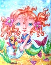 Child mermaid plays with her friend fish