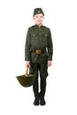 Child in military uniform, holding a hard hat in his hand Royalty Free Stock Photo