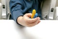 child molding plasticine.Kid sculpts with clay stucco.Play dough.sensory fine motor skills Royalty Free Stock Photo