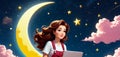 child and the moon, happy brown haired female writer, maroon overalls, work on her laptop, generative AI