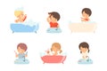 Child morning bathroom routine. Cute kids taking bath, combing hair and brushing teeth cartoon vector illustration