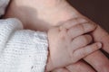 Child and mother hands together. Parental care. Concept of parenting, parental care. Motherhood Royalty Free Stock Photo