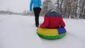 Child and mother sledding in snow. Daughter and mom play in the winter park on Christmas holidays. family winter