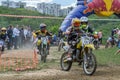 LVIV, UKRAINE - MAY, 2019: Child motorcycle racer rides and jumps on an enduro motorcycle on a motocross track