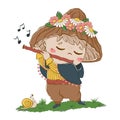 child with a mushroom hat plays music in a pipe in a clearing. Fairytale cartoon cheerful character