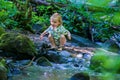 Child in nature water stream in forest