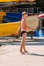 The child is near water slides Royalty Free Stock Photo