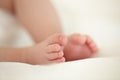 Child, newborn and feet or toes closeup or infant development, safety care or growth support. Baby, foot and soft skin Royalty Free Stock Photo