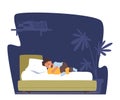 Child Night Relaxation. Kid Sleeping on Bed with Pillow between Legs Side View. Little Boy Lying in Relaxed Pose