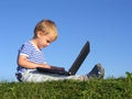 Child with notebook sit blue sky 2 Royalty Free Stock Photo