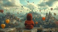 Child observing hot air balloons over a fantasy city. Kid watching floating balloons from a high vantage point. Concept