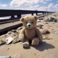 Child old toy stuffed animal in beach gutter. Alone teddy bear outdoor