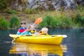 Child on kayak. Kids on canoe. Summer camping. Royalty Free Stock Photo