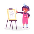 Child painting with brush and colors at easel, vector illustration isolated.