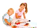 Child painting by finger paint. Royalty Free Stock Photo
