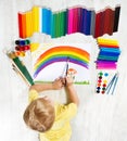 Child Painting Rainbow by Brush Colors, Creative Kid Artist Royalty Free Stock Photo