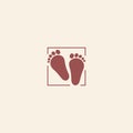 Child pair of footprints icon. Toddler barefoot symbol. Colored flat footsteps logo on pink background. Kids shoes shop