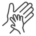Child palm in adult hand line icon, 1st june Children protection day concept, Parent and kid hands sign on white