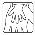 Child palm in adult hand thin line icon, Children protection symbol , Two hands silhouette vector sign on white Royalty Free Stock Photo