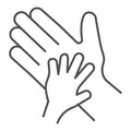 Child palm in adult hand thin line icon, 1st june Children protection day concept, Parent and kid hands sign on white