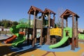 Child park in city with equipment for children playing, children playground.