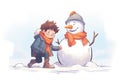 child patting down snow on a nearly complete snowman