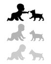 Child petting a puppy labrador. Vector black flat icon