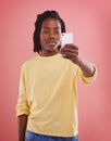 Child, phone and fashion in studio for photo, capture and record for adolescent and kids. African boy or tween and smile