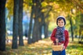 Child picking apples in autumn. Little baby boy playing in apple Royalty Free Stock Photo