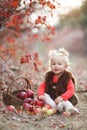 Cute little girl with a basket of red apples in the fall in the park Royalty Free Stock Photo