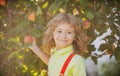 Child picking apples on backyard. Portrait kid boy in orchard apple garden. Harvesting fruit. Autumn season kids Royalty Free Stock Photo