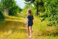 Little cute girl gathers a bouquet of wild flowers on a summer day in the field Royalty Free Stock Photo