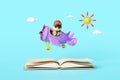 Child pilot character with open book, pilot glasses, propeller plane on the airport isolated on blue background. back to school,