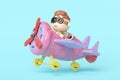 Child pilot character from plasticine with pilot glasses, propeller plane on the airport isolated on blue background. clay toy