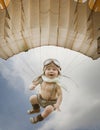 Child pilot. Kid playing outdoors. Kid pilot with toy jetpack ag Royalty Free Stock Photo