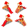 Child plastic yellow - red hill with a roof - house, vector isometric pattern on a white background