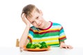 Child and a plate of broccoli, concept photo food