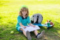 Child play and draw craft artwork homework. Child artist, kids crafts. School kids drawing in summer park, painting art Royalty Free Stock Photo