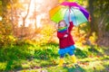 Child playing in autumn rainy park Royalty Free Stock Photo