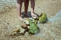 Child playing on the beach and building stone tower. stones on the beach Royalty Free Stock Photo