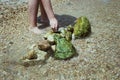 Child playing on the beach and building stone tower. stones on the beach Royalty Free Stock Photo