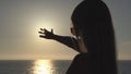 Child Playing on Beach, Kid Looking Waves at Sunset, Girl Silhouette on Seashore