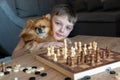 The serious child lost in thought playing chess. Playing board games, on coronavirus quarantine. The child playing chess Royalty Free Stock Photo