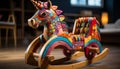 Child playing with a cute, colorful rocking horse indoors generated by AI Royalty Free Stock Photo