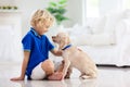 Child playing with dog. Kids play with puppy Royalty Free Stock Photo