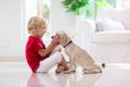 Child playing with dog. Kids play with puppy Royalty Free Stock Photo