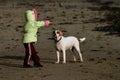 Child playing fetch with his dog at the beach Royalty Free Stock Photo