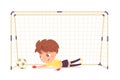 Child playing football or soccer as goalkeeper. Boy missing ball in net vector illustration. Sad little kid playing